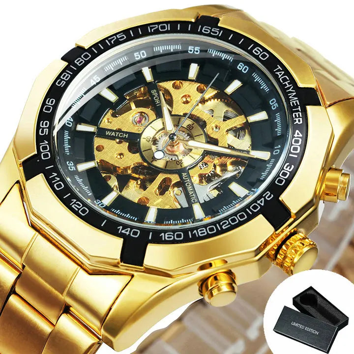 Montre automatique squelette pour homme – Mécanisme apparent – Design vintage doré – Montre de luxe pour homme – Marque haut de gamme