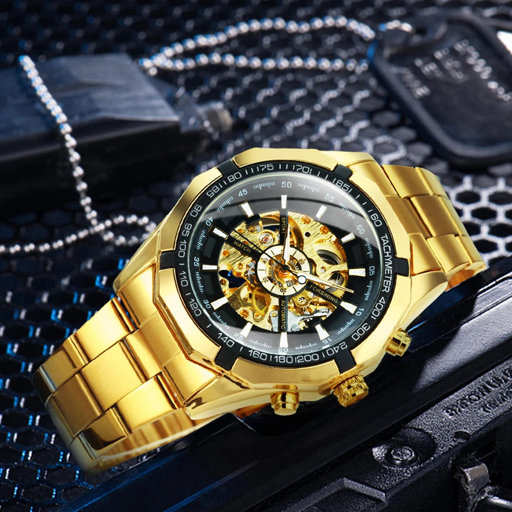 Montre automatique squelette pour homme – Mécanisme apparent – Design vintage doré – Montre de luxe pour homme – Marque haut de gamme
