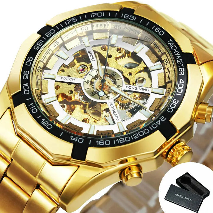 Montre automatique squelette pour homme – Mécanisme apparent – Design vintage doré – Montre de luxe pour homme – Marque haut de gamme