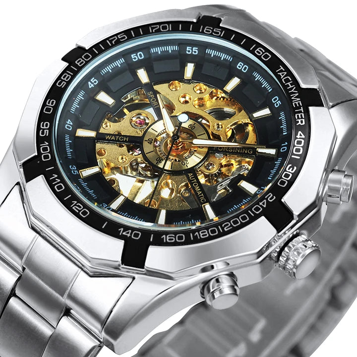 Montre automatique squelette pour homme – Mécanisme apparent – Design vintage doré – Montre de luxe pour homme – Marque haut de gamme