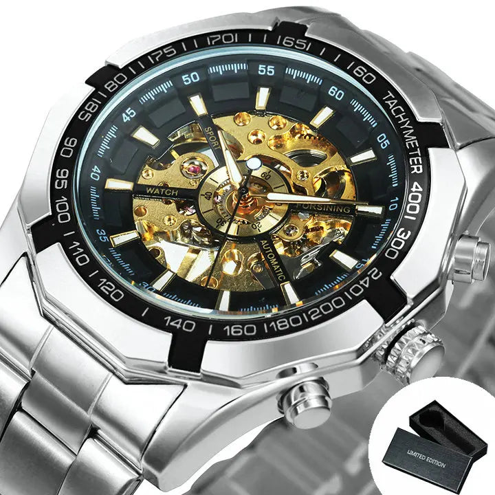 Montre automatique squelette pour homme – Mécanisme apparent – Design vintage doré – Montre de luxe pour homme – Marque haut de gamme