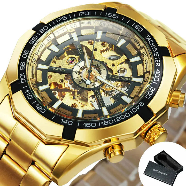 Montre automatique squelette pour homme – Mécanisme apparent – Design vintage doré – Montre de luxe pour homme – Marque haut de gamme