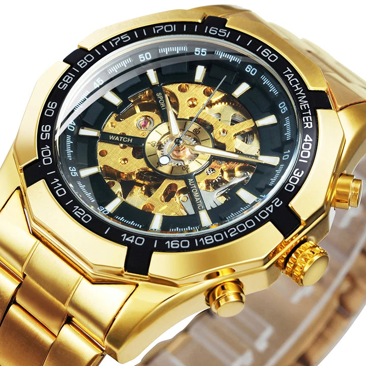 Montre automatique squelette pour homme – Mécanisme apparent – Design vintage doré – Montre de luxe pour homme – Marque haut de gamme