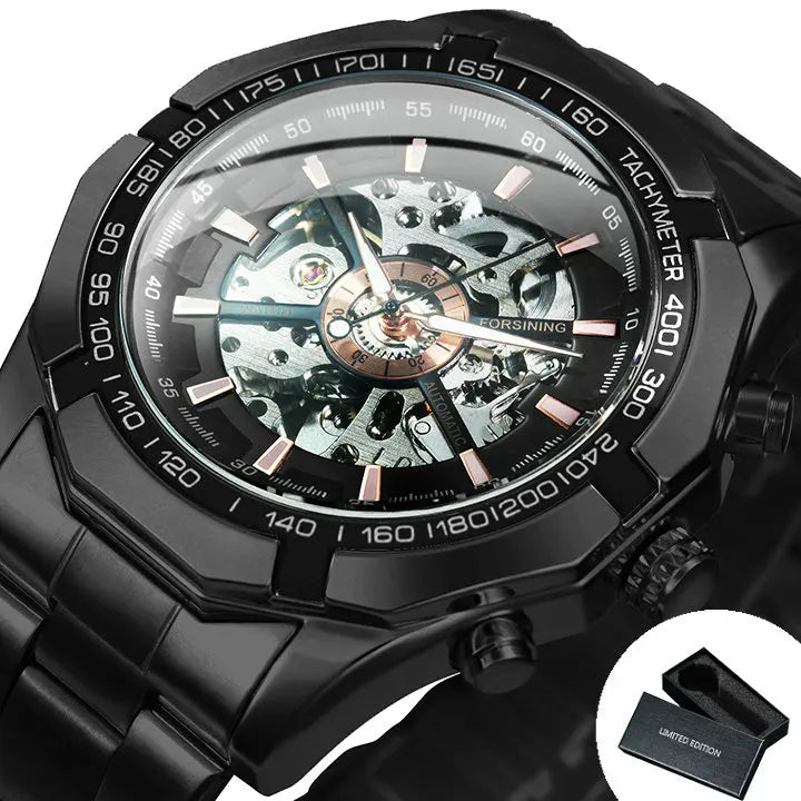 Montre automatique squelette pour homme – Mécanisme apparent – Design vintage doré – Montre de luxe pour homme – Marque haut de gamme