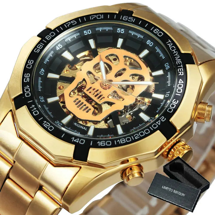 Montre automatique squelette pour homme – Mécanisme apparent – Design vintage doré – Montre de luxe pour homme – Marque haut de gamme