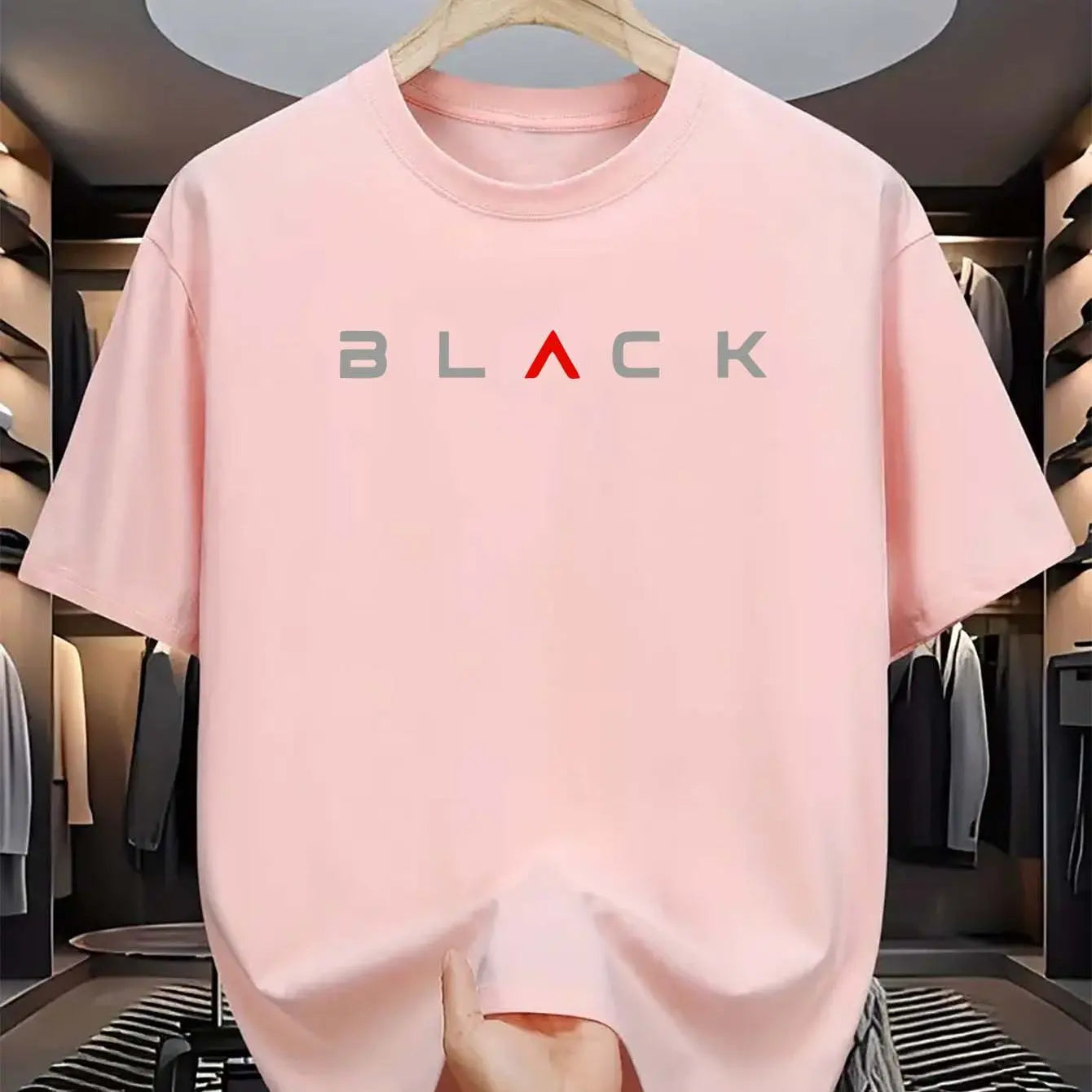 T-shirt d'été pour homme en coton 100 % pur – coupe ample décontractée, grande taille, motif lettres noires imprimé, col rond, manches courtes