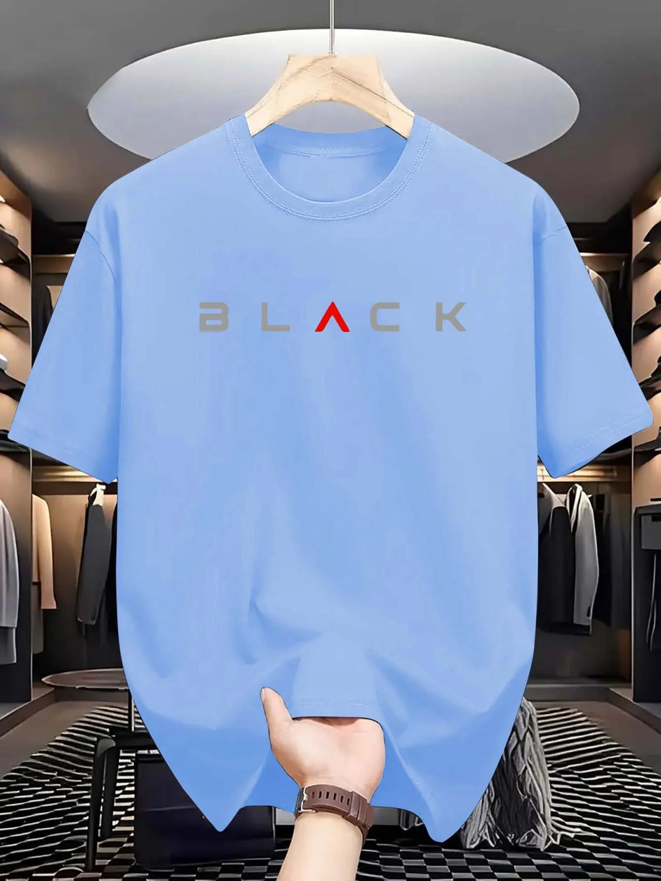 T-shirt d'été pour homme en coton 100 % pur – coupe ample décontractée, grande taille, motif lettres noires imprimé, col rond, manches courtes