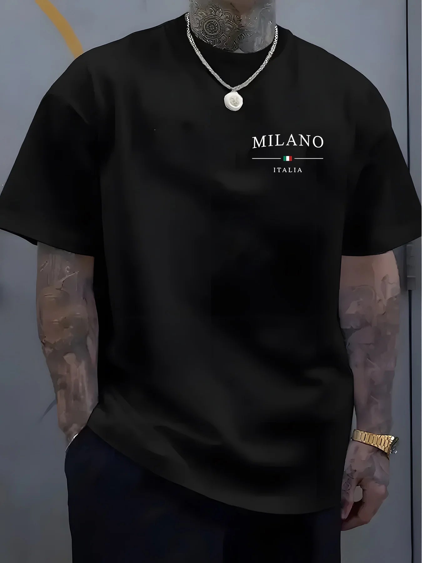 Men's summer 100% pure cotton fashionable sports casual loose MILANO ITALIA pattern printed round neck short sleeved T-shirt top