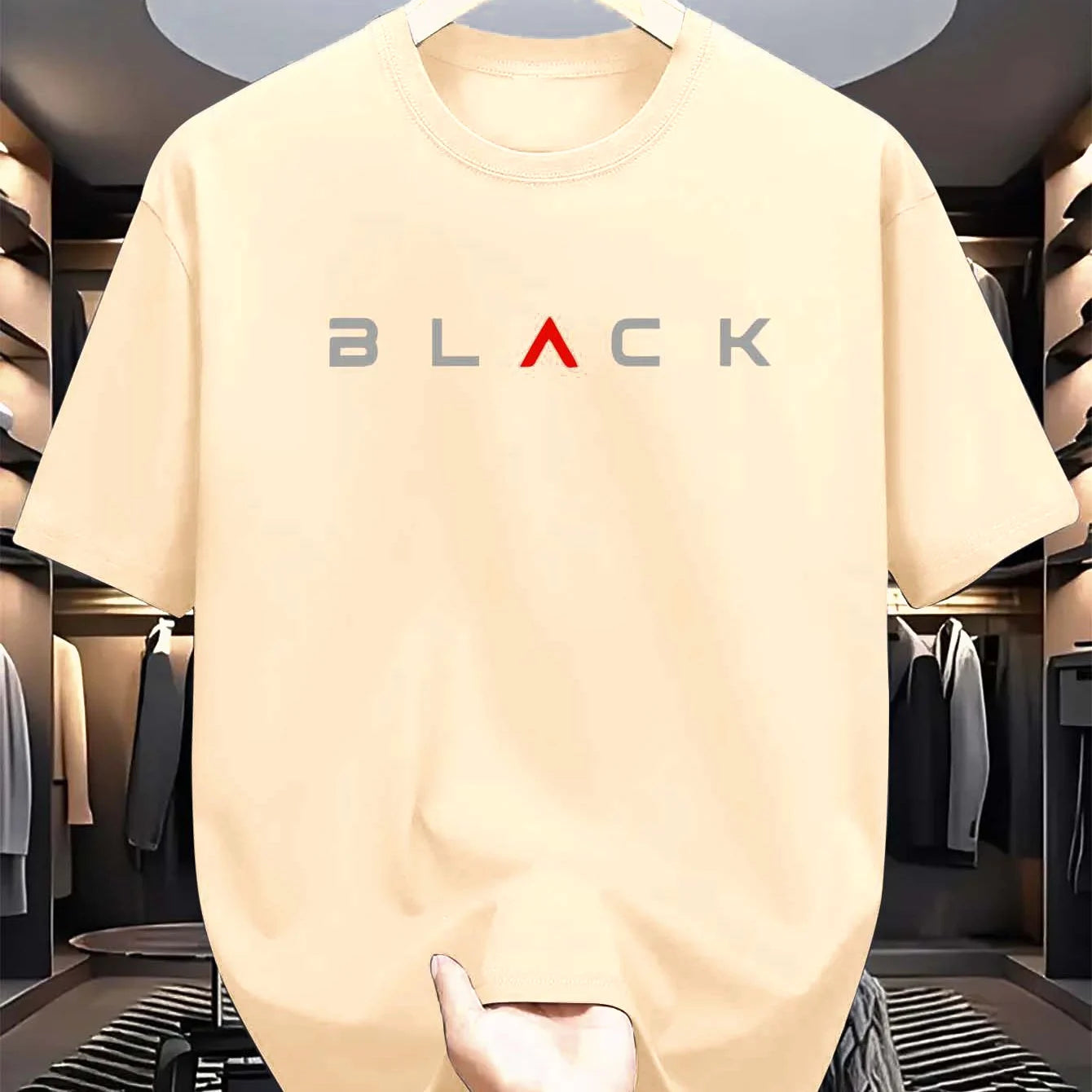 T-shirt d'été pour homme en coton 100 % pur – coupe ample décontractée, grande taille, motif lettres noires imprimé, col rond, manches courtes