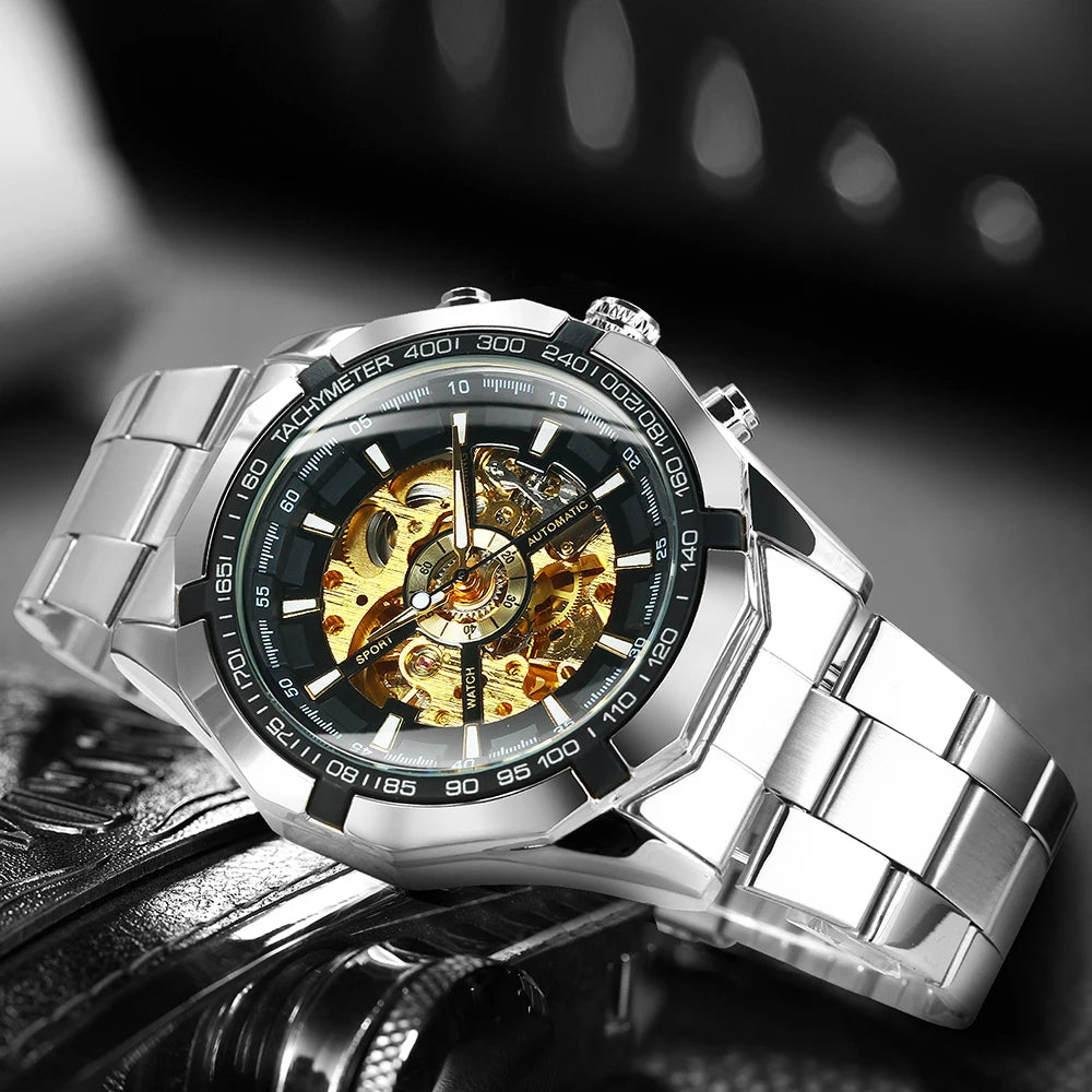 Montre automatique squelette pour homme – Mécanisme apparent – Design vintage doré – Montre de luxe pour homme – Marque haut de gamme