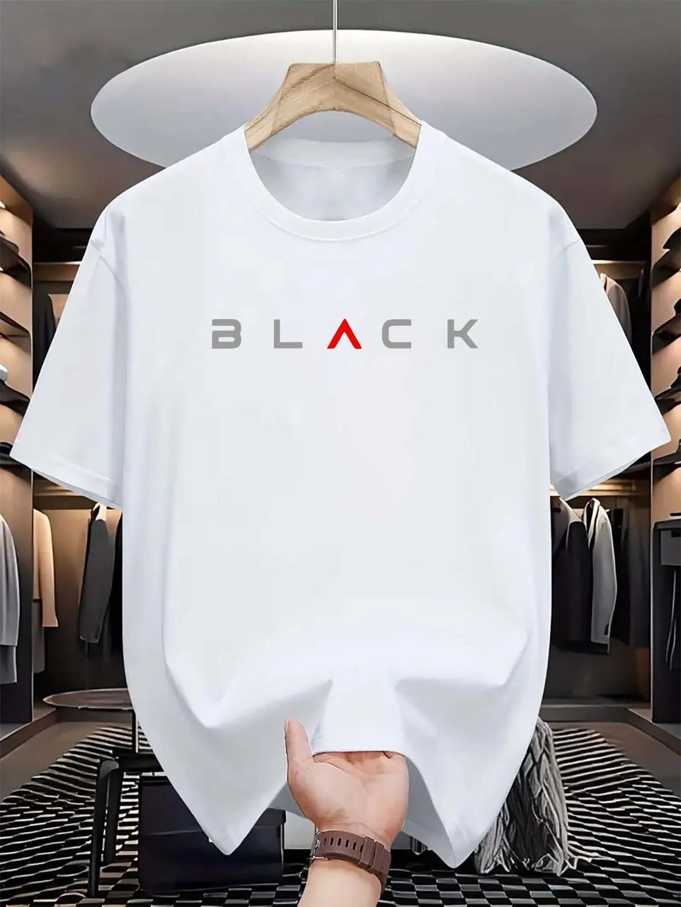 T-shirt d'été pour homme en coton 100 % pur – coupe ample décontractée, grande taille, motif lettres noires imprimé, col rond, manches courtes
