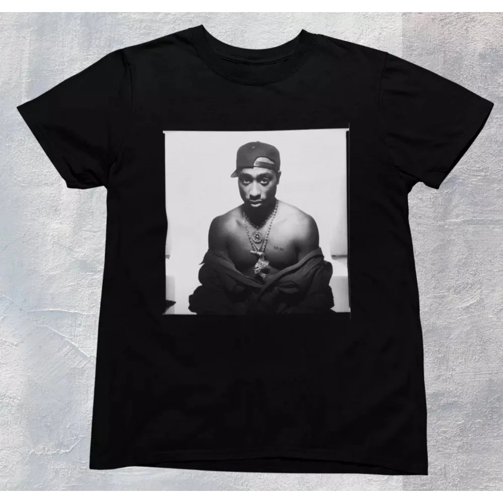 T-shirt unisexe en pur coton, hommage au célèbre rappeur américain 2Pac, style hip-hop.