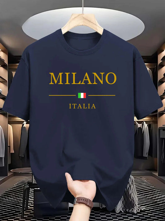 T-shirt homme d'été en 100% coton, style décontracté, coupe ample grande taille, motif imprimé MILANO ITALIA, col rond, manches courtes