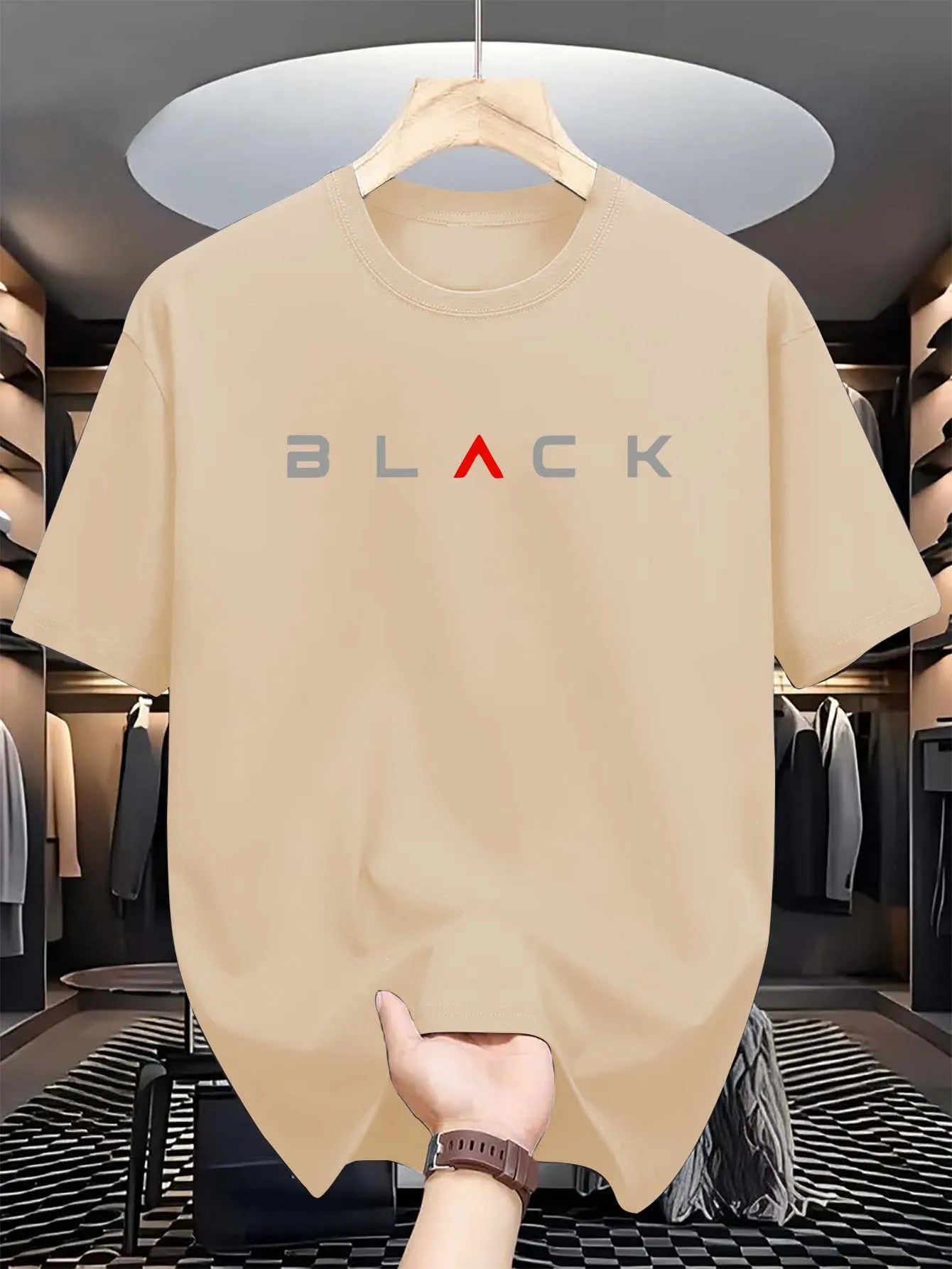T-shirt d'été pour homme en coton 100 % pur – coupe ample décontractée, grande taille, motif lettres noires imprimé, col rond, manches courtes