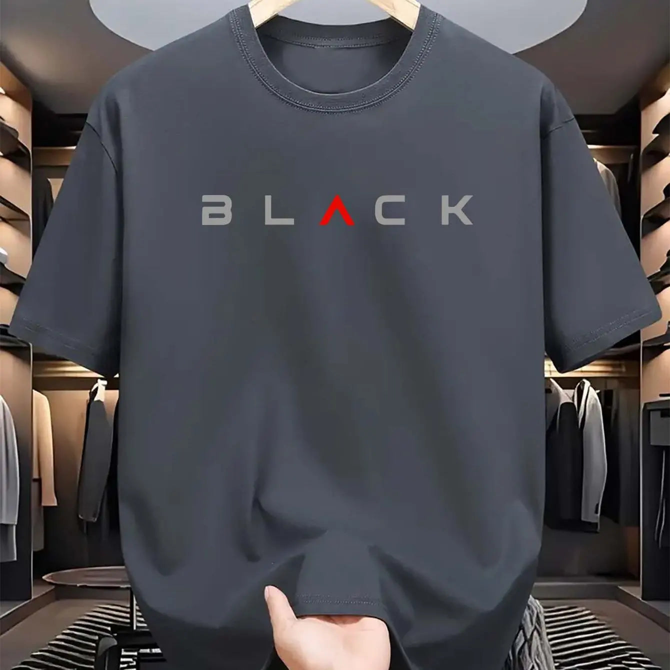T-shirt d'été pour homme en coton 100 % pur – coupe ample décontractée, grande taille, motif lettres noires imprimé, col rond, manches courtes