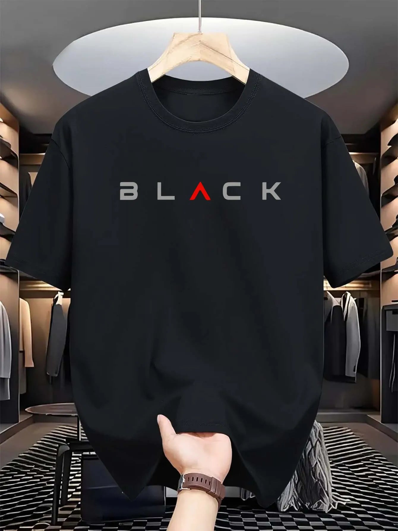 T-shirt d'été pour homme en coton 100 % pur – coupe ample décontractée, grande taille, motif lettres noires imprimé, col rond, manches courtes