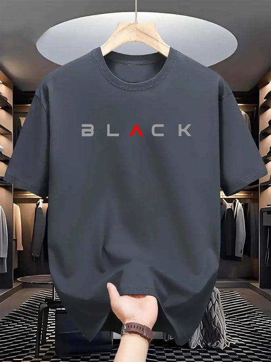 T-shirt d'été pour homme en coton 100 % pur – coupe ample décontractée, grande taille, motif lettres noires imprimé, col rond, manches courtes