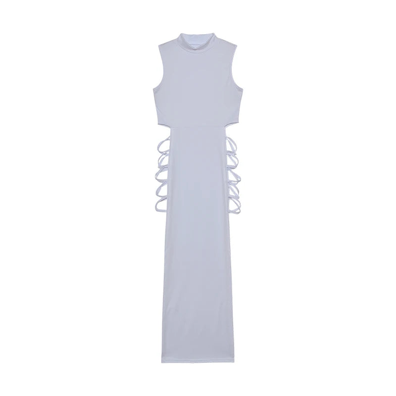 Robe à découpes croisées, robe moulante sexy à col montant sans manches, vêtements pour femmes