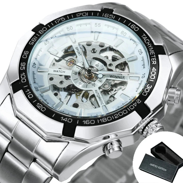 Montre automatique squelette pour homme – Mécanisme apparent – Design vintage doré – Montre de luxe pour homme – Marque haut de gamme