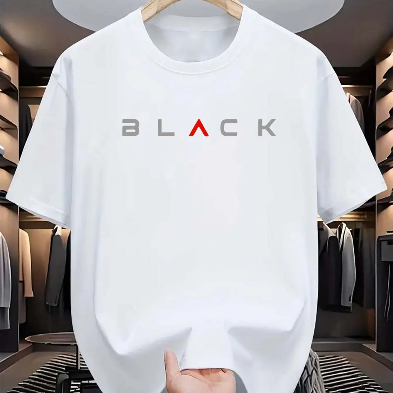 T-shirt d'été pour homme en coton 100 % pur – coupe ample décontractée, grande taille, motif lettres noires imprimé, col rond, manches courtes