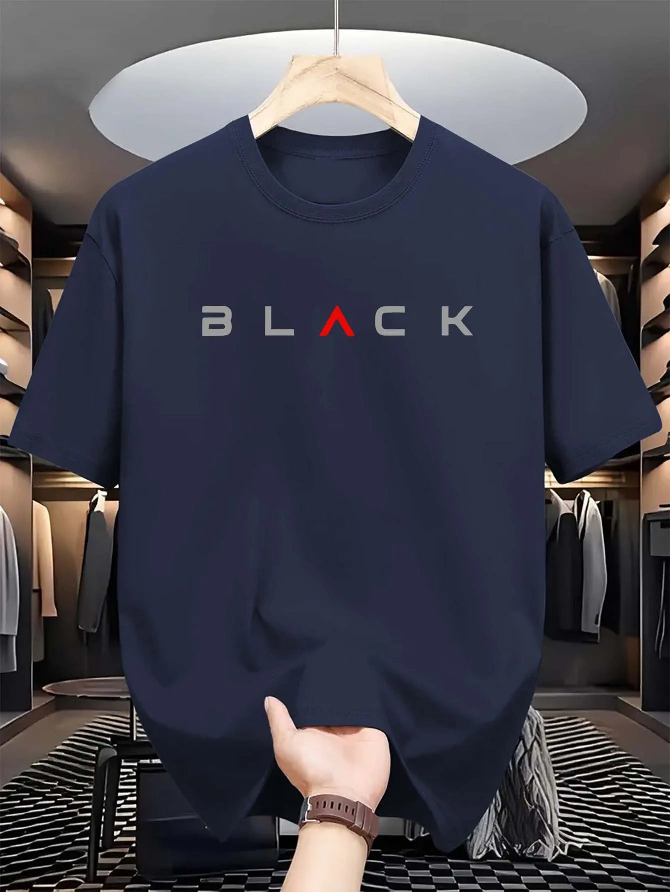 T-shirt d'été pour homme en coton 100 % pur – coupe ample décontractée, grande taille, motif lettres noires imprimé, col rond, manches courtes