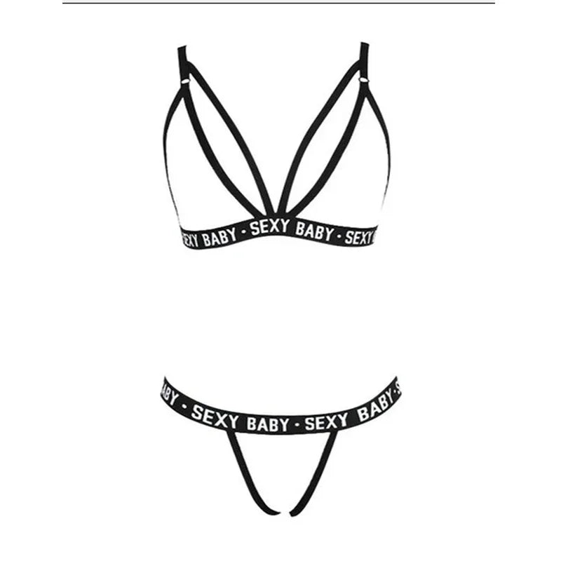 Ensemble Lingerie Femme Sexy – Soutien-gorge et Culotte – Bralette à Imprimé Lettre avec Détails en Dentelle
