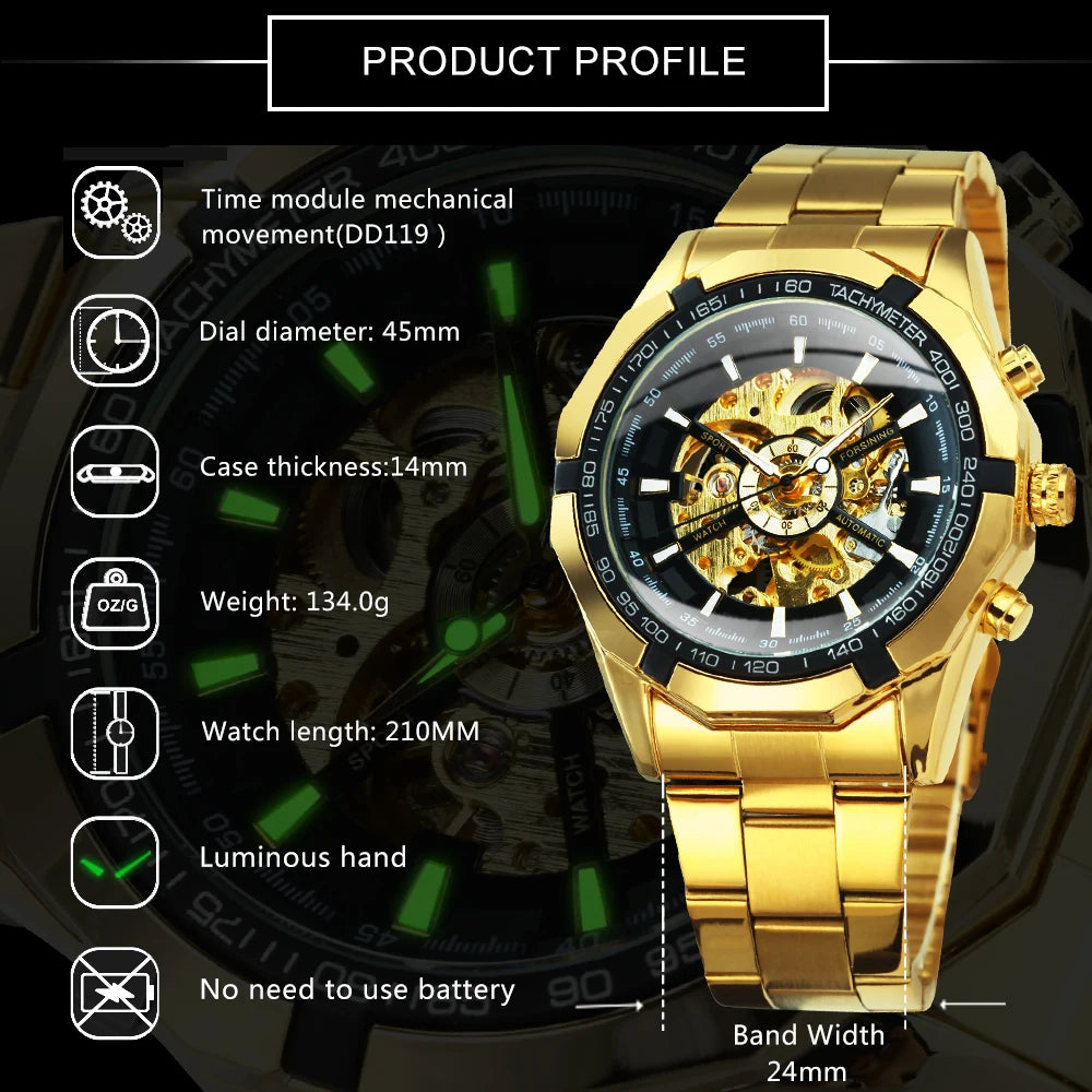 Montre automatique squelette pour homme – Mécanisme apparent – Design vintage doré – Montre de luxe pour homme – Marque haut de gamme