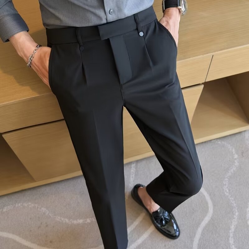 Pantalon droit à taille haute avec double pli, style costume décontracté