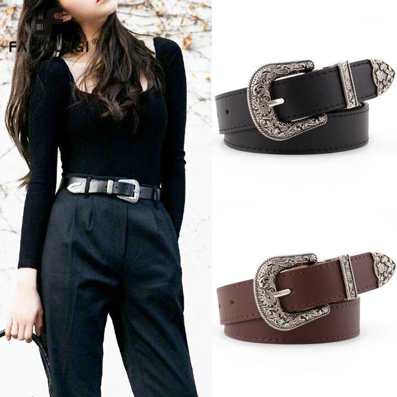 Ceinture Femme en Cuir Noir – Boucle Cœur Métallique Vintage