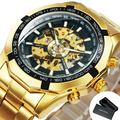 Montre automatique squelette pour homme – Mécanisme apparent – Design vintage doré – Montre de luxe pour homme – Marque haut de gamme