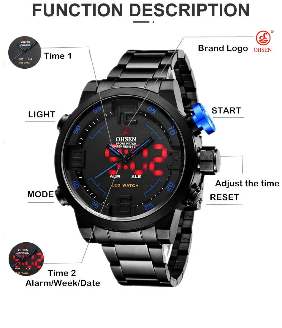 Montre sport homme double affichage – Quartz & LED – Bracelet acier inoxydable – Étanche 3ATM – Design militaire moderne