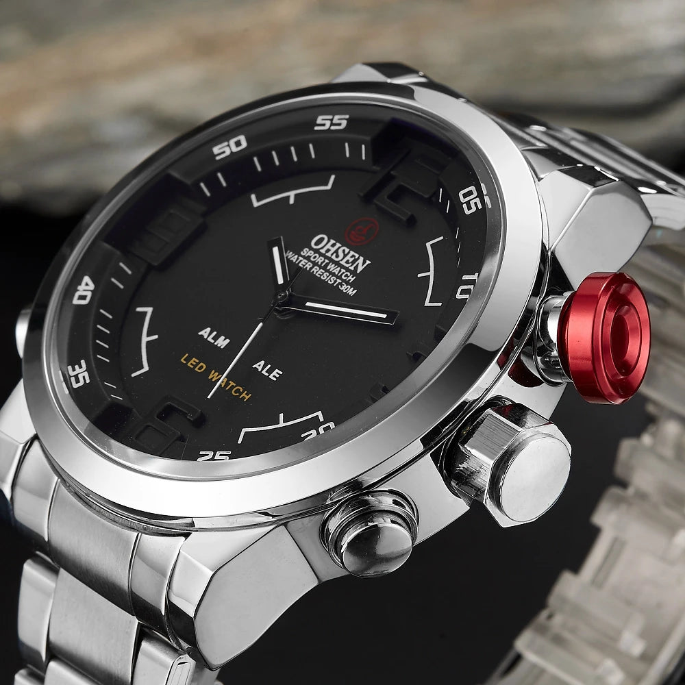 Montre sport homme double affichage – Quartz & LED – Bracelet acier inoxydable – Étanche 3ATM – Design militaire moderne