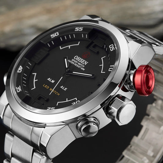 Montre sport homme double affichage – Quartz & LED – Bracelet acier inoxydable – Étanche 3ATM – Design militaire moderne