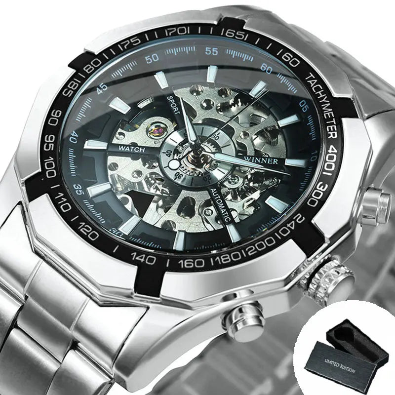 Montre automatique squelette pour homme – Mécanisme apparent – Design vintage doré – Montre de luxe pour homme – Marque haut de gamme