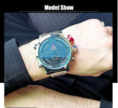 Montre sport homme double affichage – Quartz & LED – Bracelet acier inoxydable – Étanche 3ATM – Design militaire moderne