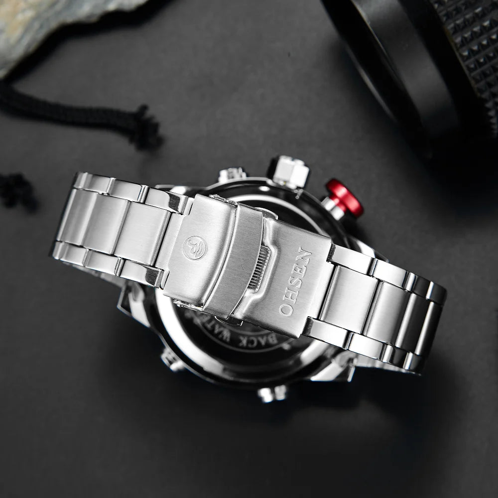 Montre sport homme double affichage – Quartz & LED – Bracelet acier inoxydable – Étanche 3ATM – Design militaire moderne