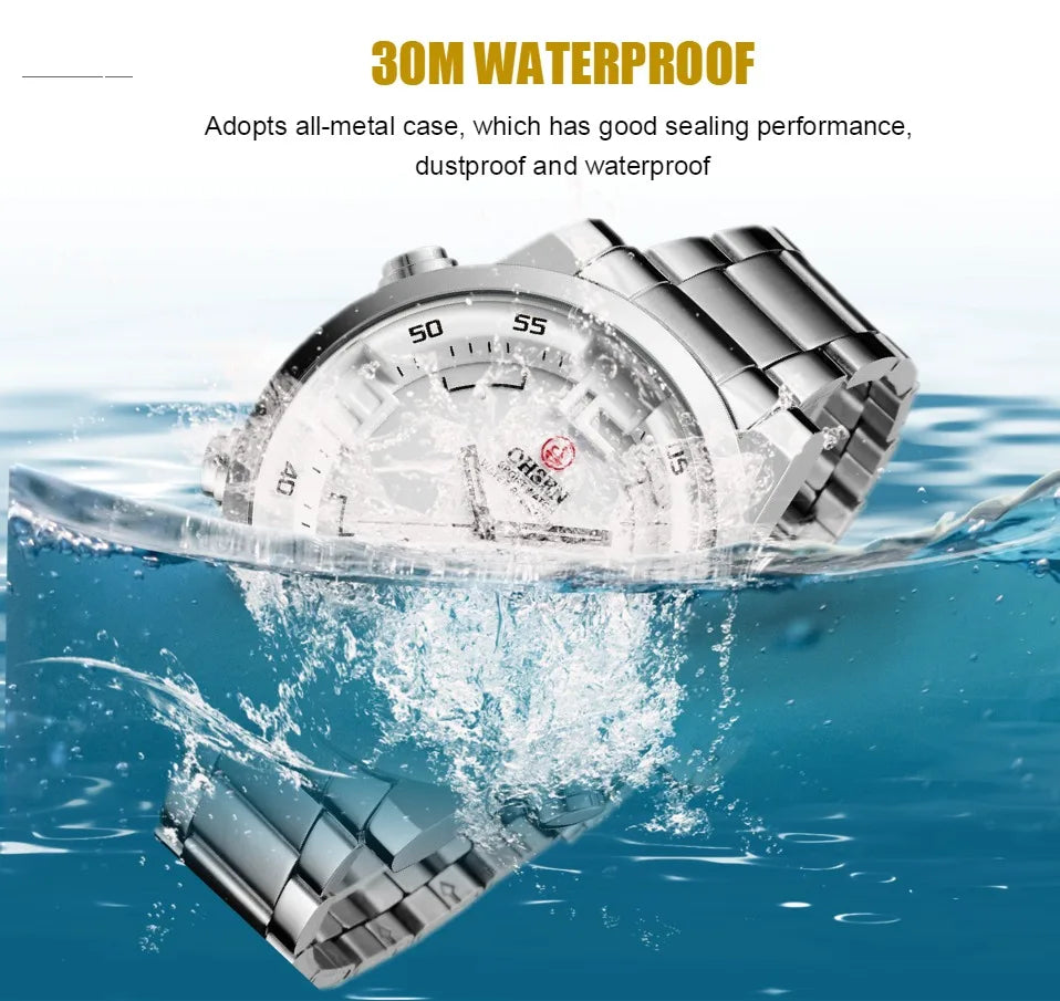 Montre sport homme double affichage – Quartz & LED – Bracelet acier inoxydable – Étanche 3ATM – Design militaire moderne