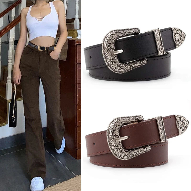 Ceinture Femme en Cuir Noir – Boucle Cœur Métallique Vintage