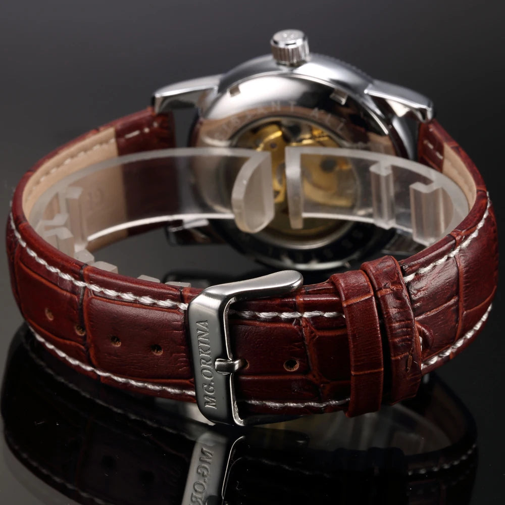 Montre squelette automatique dorée pour homme – Design steampunk de luxe – Mécanisme apparent & bracelet cuir