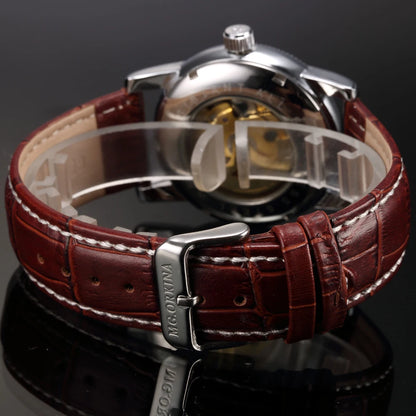 Montre squelette automatique dorée pour homme – Design steampunk de luxe – Mécanisme apparent & bracelet cuir