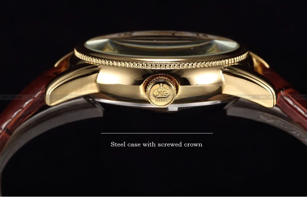 Montre squelette automatique dorée pour homme – Design steampunk de luxe – Mécanisme apparent & bracelet cuir