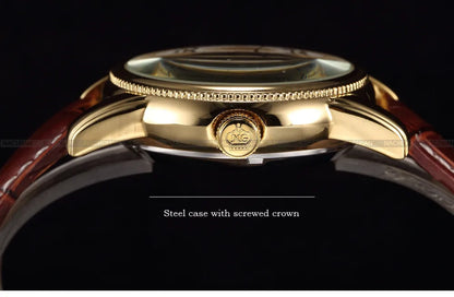 Montre squelette automatique dorée pour homme – Design steampunk de luxe – Mécanisme apparent & bracelet cuir