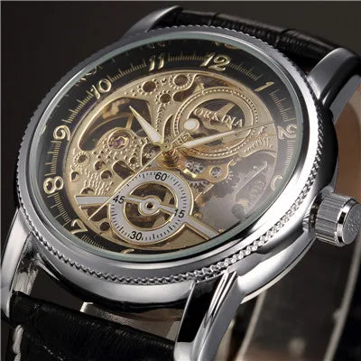 Montre squelette automatique dorée pour homme – Design steampunk de luxe – Mécanisme apparent & bracelet cuir