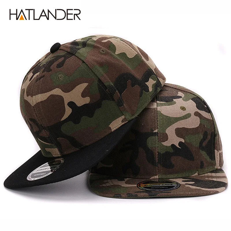 Casquette snapback camouflage HATLANDER – Visière plate – Modèle vierge sans broderie – En polyester – Casquette unisexe pour homme et femme