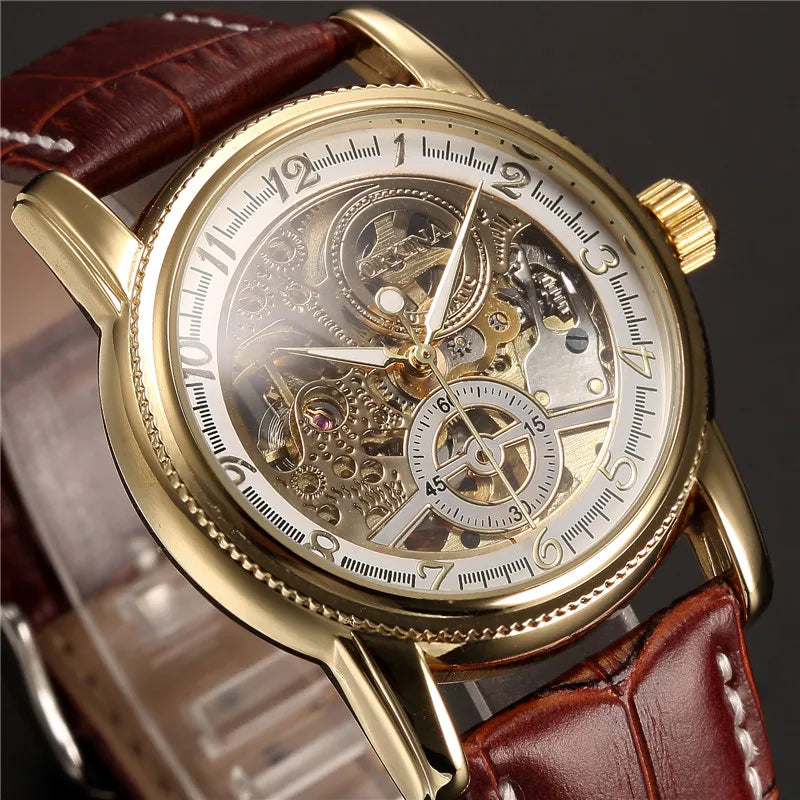 Montre squelette automatique dorée pour homme – Design steampunk de luxe – Mécanisme apparent & bracelet cuir