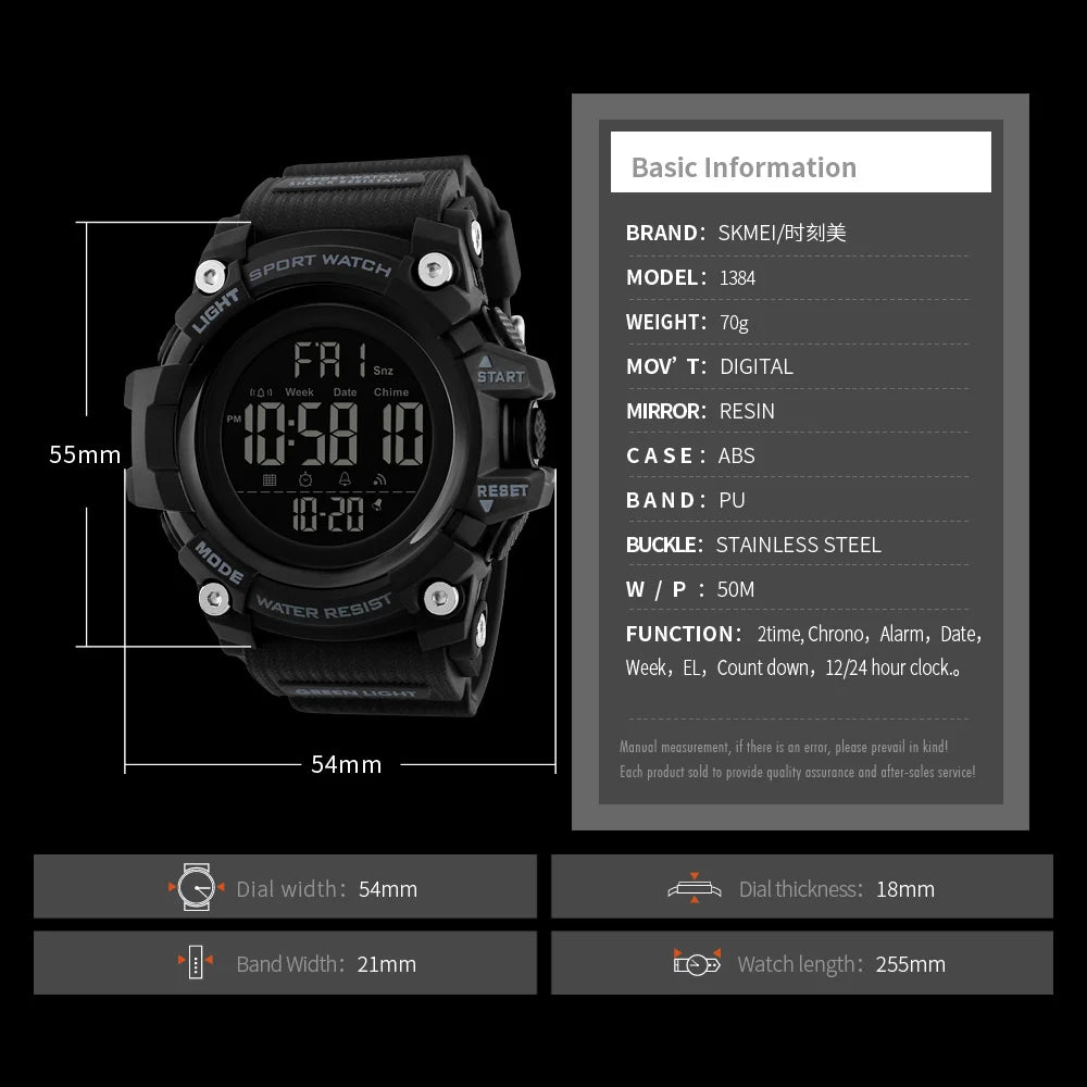 Montre de sport SKMEI pour homme – Chronomètre compte à rebours – Montre-bracelet digitale de luxe – Marque haut de gamme – Étanche avec affichage LED
