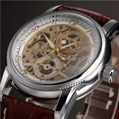 Montre squelette automatique dorée pour homme – Design steampunk de luxe – Mécanisme apparent & bracelet cuir