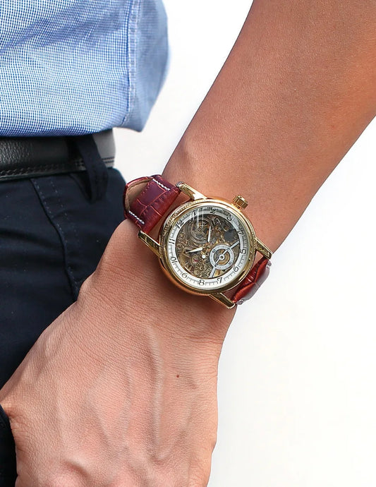 Montre squelette automatique dorée pour homme – Design steampunk de luxe – Mécanisme apparent & bracelet cuir