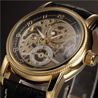 Montre squelette automatique dorée pour homme – Design steampunk de luxe – Mécanisme apparent & bracelet cuir