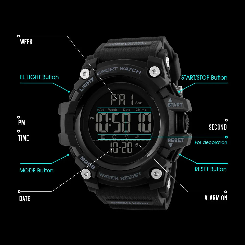 Montre de sport SKMEI pour homme – Chronomètre compte à rebours – Montre-bracelet digitale de luxe – Marque haut de gamme – Étanche avec affichage LED
